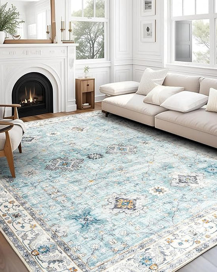 ReaLife Rugs Machine Washable Area Rug Runner - Living Room Bedroom Bathroom Kitchen Entryway Office - Padded Low Pile Stain Resistant Premium - Boho Farmhouse Vintage - BEV - Blue Ivory 3' x 5'