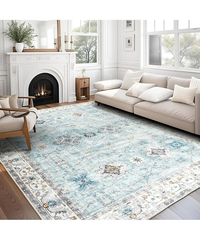 ReaLife Rugs Machine Washable Area Rug - Living Room Bedroom Bathroom Kitchen Entryway Office - Padded Low Pile Stain Resistant Premium - Boho Farmhouse Vintage - BEV - Blue Ivory 7'6" x 9'6"
