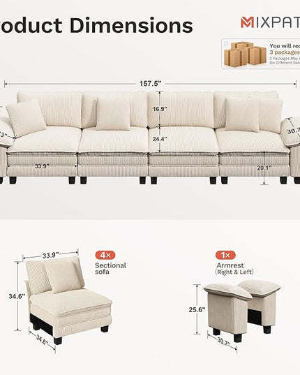 157.5" Cloud Modular Sectional Sofa, 4-Seater w/Deep Seat & Removable Arms, Plush Corduroy for Living Room - Beige