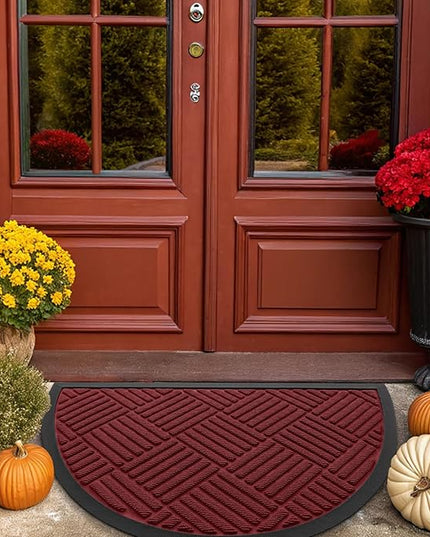 Smiry Half Circle Front Door Mat Outside Entrance,Heavy Duty Outdoor Indoor Natural Rubber Doormat,Non Slip,Trap Dirt and Moisture,Easy Clean,Low Profile Patio Porch Entryway Mat,29.5x17, Wine Red