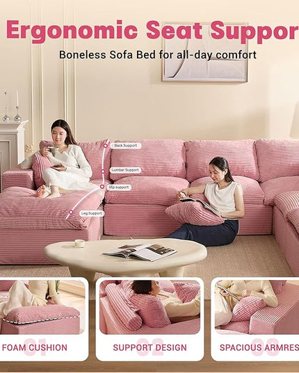 137.8” Sectional Couches for Living Room, Cloud Couch, Modular Sectional Sofa, Convertible Sofas Bed, Deep Seat Sofa, Sleeper Sofa Full Size, Corduroy, Pink