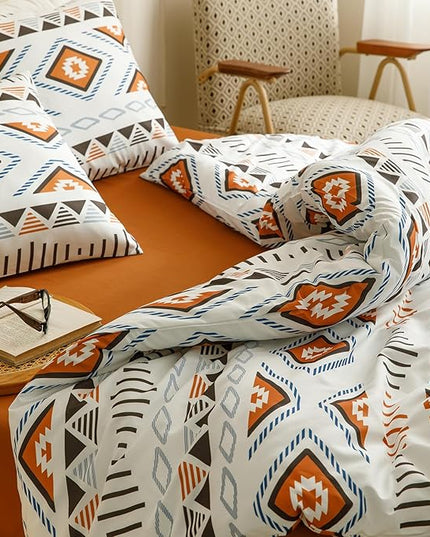 Houseri Orange and Brown Boho Comforter Set King Geometric Mocha Blue Diamonds Artistic Bedding Sets King Size Women Men Earth Tone Bohemian Triangle Farmhouse Retro Fashion Bed Quilt Blankets King