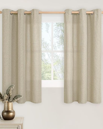 LAMIT Camel Linen Curtains 48 inches Long for Kitchen, Grommet Thick Linen Textured Light Filtering Drapes Privacy Thick Window Treatments for Small Windows/Basement/Farmhouse, 2 Panels, 42 x 48 Inch