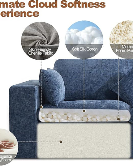 115''Cloud Boneless Sectional Couch, Modular Sectional Sofa Deep Seat with Ottoman, Oversized Upholstered Convertible Comfy 4 Seater Chenille Sofa L Shape Couches for Living Room, Blue