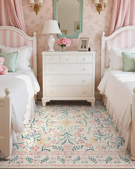Wonnitar Pink Rugs for Bedroom Girls, 5x7 Washable Rug for Nursery Decor, Boho Soft Floral Carpet Non Slip, Indoor Ultra-Thin Floor Carpet for Baby Kids Room Living Room Dorm