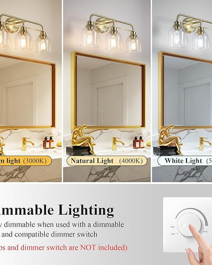 3 Light Gold Vanity Lights for Bathroom, Bathroom Light Fixtures Over Mirror with Clear Glass Shade, Ceramic E26 Sockets Wall Mounted