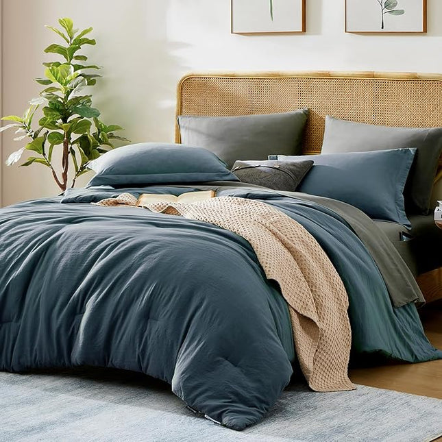 WRENSONGE Queen Comforter Set - 7 Pieces Blue Grey Bed in a Bag Queen with Sheets, 2 Pillow Shams, and 2 Pillowcases- Warm Bedding Sets Queen for All Season