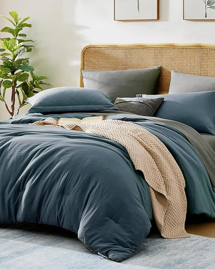 WRENSONGE Full Size Comforter Set- 7 Pieces Blue Grey Bed in a Bag Full Size Comforter with Fitted Sheet, Flat Sheet, 2 Pillow Shams, 2 Pillowcases, Warm Bedding Sets for All Season