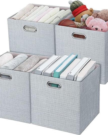 Posprica 3X Thicker Fabric Storage Cubes 13 inch Collapsible Storage Bins for Organization, Cubby Storage Baskets for Organizing Shelf Cabinet Bookcase Boxes, Set of 4, Sliver Grey