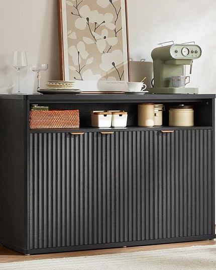 LEYAOYAO Fluted Buffet Cabinet with Storage, 45" Wide Wood Sideboard Credenza with 3 Doors & Open Storage Shelf, Modern Kitchen Console Accent Cabinets, Coffee Bar Table for Dining Room, Black Oak