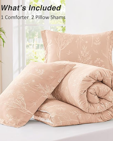 Love's cabin Pink Full Size Comforter Set - Full Comforter Set, 3 Pieces Cute Floral Bedding Sets for All Seasons,1 Soft Reversible Botanical Flowers Comforter and 2 Pillow Shams