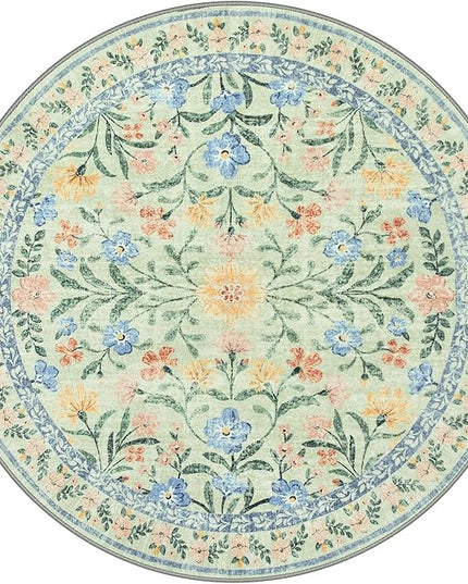 Wonnitar Washable Floral Round Rug, 6ft Sage Green Round Area Rugs for Bedroom Nursery, Boho Non-Slip Indoor Large Circle Carpets for Dining Room Living Room Kids Playroom