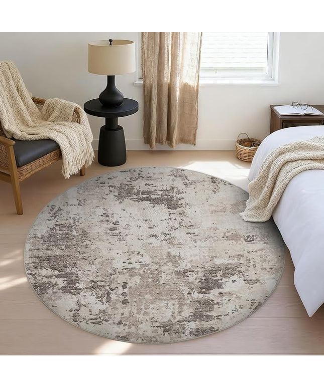 Modern Abstract 8x8 Round Area Rug Non Slip Non Shedding Rug Low Pile Stain Resistant for Bedroom Living Room Office Dining Room,Brown Grey