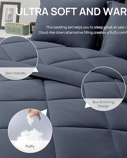 Love's cabin Queen Comforter Set Navy Blue, 7 Pieces Queen Bed in a Bag, All Season Bedding Sets with 1 Comforter, 1 Flat Sheet, 1 Fitted Sheet, 2 Pillowcase and 2 Pillow Sham