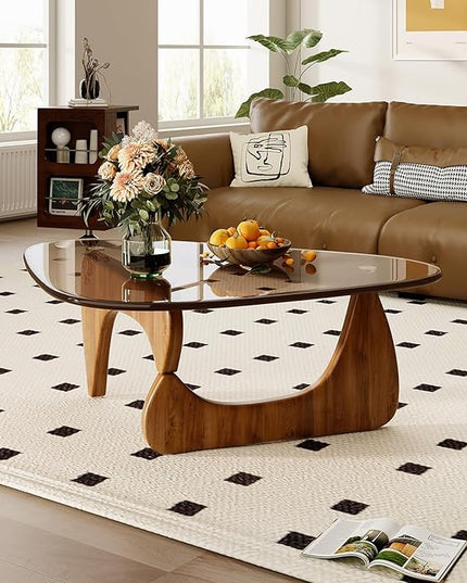 Coffee Table for Living Room Mid Century Modern Center Table with Glass Top and Wood, Brown/Walnut