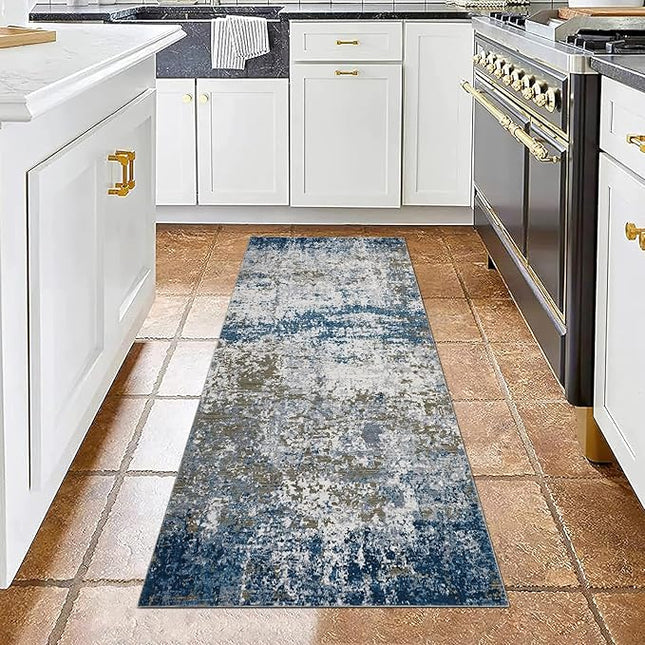 Modern Abstract Runner Rug 2x5 Washable Non Slip Stain Resistant Rug for Bedroom Living Room Non Shedding Low Pile Indoor Floor Cover,Navy