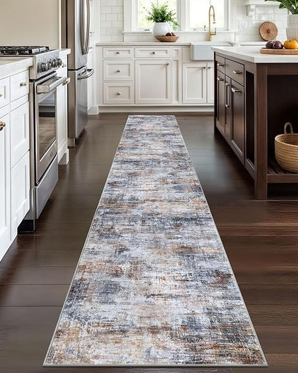 IOHOUZE Abstract Runner Rug 2x12 Ft Washable Runners for Hallways, Non Slip Kitchen Runner Printed Faux Wool Entryway Runner Indoor, Modern Abstract Floor Carpet for Hall Kitchen, Orange Grey