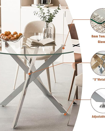 47.24" Round Glass Dining Table Modern Kitchen Glass Top Table for 6 with Silver Metal Legs, Clear Dining Table Kitchen Table for Home Office Dining Room