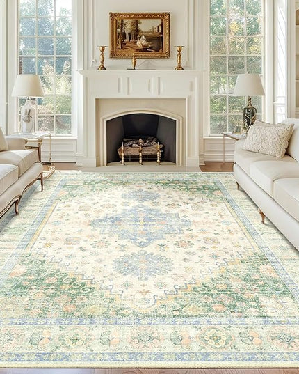 MUJOO 8x10 Area Rugs,Washable Rugs for Living Room Dining Room Bedroom,Large Boho Throw Carpet,Non Slip Big Indoor Low Pile Light Green and Blue