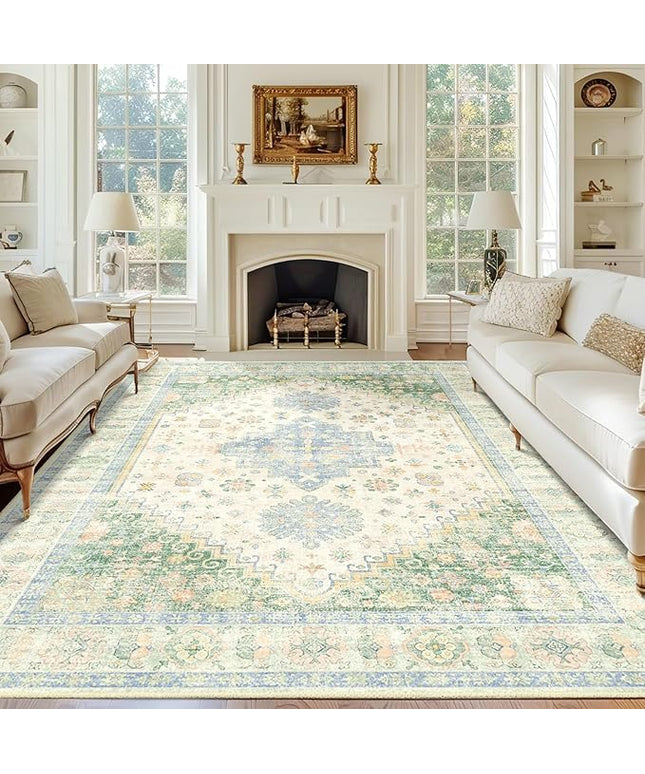 MUJOO 8x10 Area Rugs,Washable Rugs for Living Room Dining Room Bedroom,Large Boho Throw Carpet,Non Slip Big Indoor Low Pile Light Green and Blue
