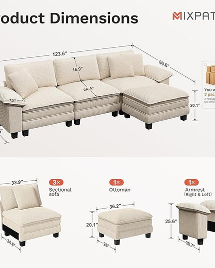 123-Inch L Shaped Sectional Sofa with Cloud Cushions, Deep Seat Modular Couch Set w/ 4 Seats & 1 Ottomans, Removable Arms, Plush Corduroy Upholstery for Living Room, Apartment - Beige