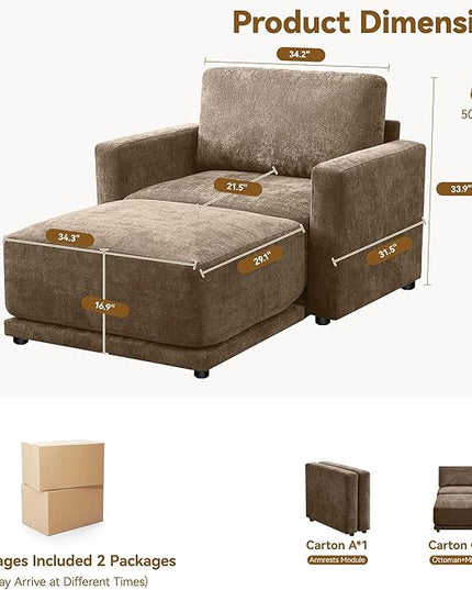 44.2" Chenille Oversized Chair with Movable Ottoman, Modular 1 Seat Couch with Thickened Cushions, Modern Single Sofa Chaise Lounge Reading Chair for Living Room, Small Apartment, Brown