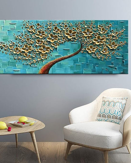 YaSheng Art - 3D Golden Flowers Oil Painting, Oil Painting On Canvas Texture Palette Knife Flowers Tree Paintings Abstract Landscape Artwork Canvas Wall Art Living Room Bedroom Home Decor 24x60inch