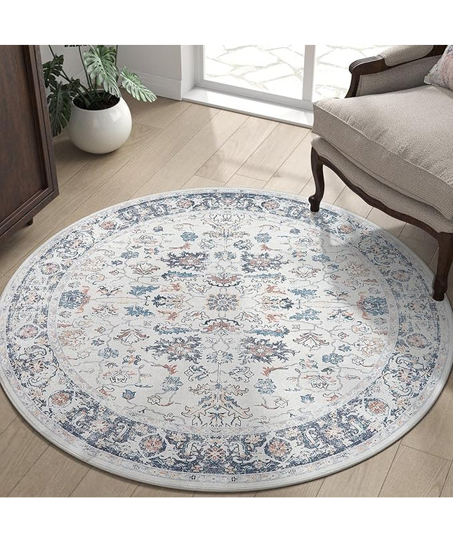 jinchan Round Rug 5ft Area Rug - Washable Boho Vintage Floral Circle 5' Round Floor Cover Lightweight Low Pile Thin Throw Non-Slip Carpet for Kitchen Living Room Bedroom Dining Room Office Grey Multi