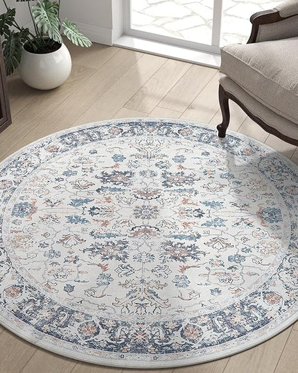 jinchan Round Rug 4ft Area Rug - Washable Boho Vintage Floral Circle 4' Round Floor Cover Lightweight Low Pile Thin Throw Non-Slip Carpet for Kitchen Living Room Bedroom Dining Room Office Grey Multi