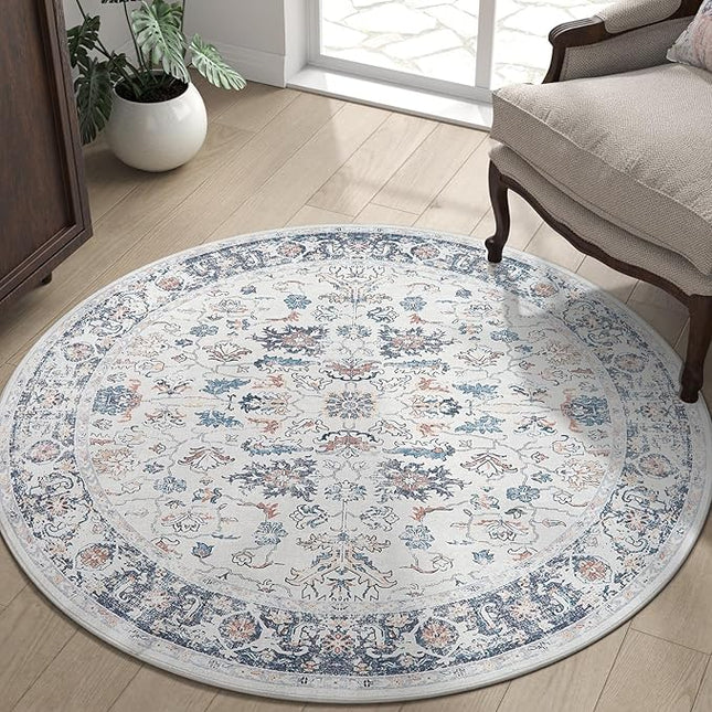 jinchan Round Rug 4ft Area Rug - Washable Boho Vintage Floral Circle 4' Round Floor Cover Lightweight Low Pile Thin Throw Non-Slip Carpet for Kitchen Living Room Bedroom Dining Room Office Grey Multi