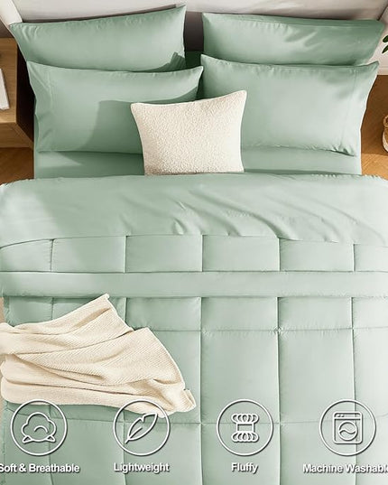CozyLux Queen Comforter Set Sage Green, 7 Pieces Bed in a Bag, Green Comforter Queen Size, All Season Bedding Sets with Stitch Quilted Comforter, Flat Sheet, Fitted Sheet, Pillowcases