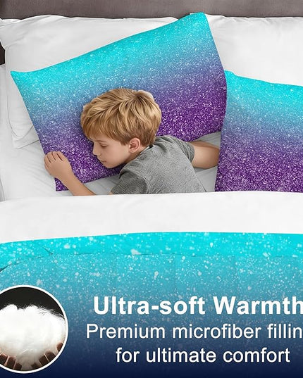 Glitter Comforter Set Queen Size 3D Gradient Bedding Set for Girls Kids Adults, Gradient Glitter Themed Bedding in A Bag Blue Purple Sparkly Galaxy Bedding Set for Kids Bedroom Decor