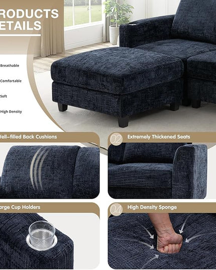 110" Chenille Sectional Sofa with Movable Ottomans, Modular U-Shape Couch with Cup Holders, Convertible 4 Seater Sofa with Well-Filled Backrest Cushions for Living Room, House, Blue