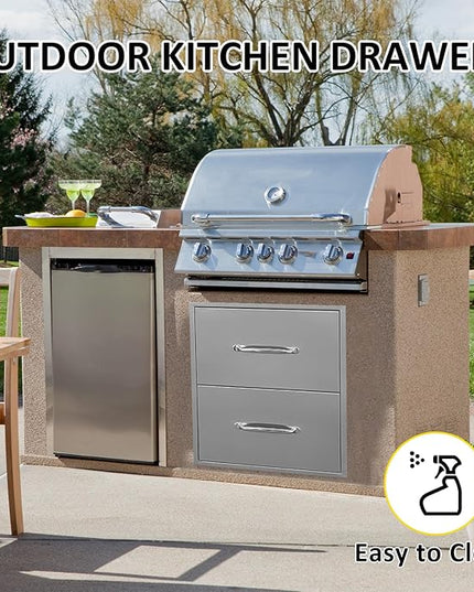 Outdoor Kitchen Drawers 18" W x 21" H x 18" D Flush Mount Double BBQ Drawers with Chrome Handle Stainless Steel Drawer for Outdoor Kitchen Island, Patio Grill Station