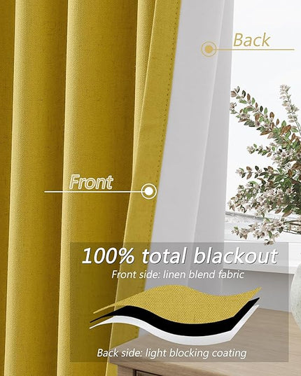 Guken 100% Blackout Curtains 90 Inch Length 2 Panels Set for Living Room Bedroom Back Tab Thermal Insulated Black Out Linen Drapes Room Darkening Celery Yellow,52x90