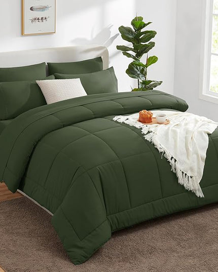 CozyLux King Size Comforter Set Olive Green, 7 Pieces Bed in a Bag, Green Comforter King Size, All Season Bedding Sets with Stitch Quilted Comforter, Flat Sheet, Fitted Sheet, Pillowcases