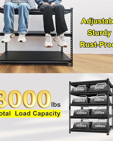 Metal Heavy Duty Garage Shelves: 48''W 3,000Lbs Steel Adjustable Storage Industrial Utility Shelving Rack Units 5 Tier Black 48" W x 24" D x 78" H