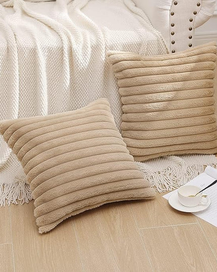 Pallene Faux Fur Plush Throw Pillow Covers 26x26 Set of 2, Luxury Soft Fluffy Striped Decorative Pillow Covers for Sofa, Couch, Living Room, Khaki