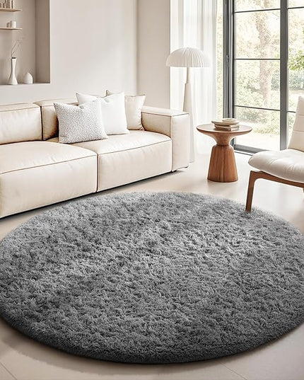 Ophanie Round Rug 5Ft Grey Circle Area Rugs, Fluffy Fuzzy Bedroom Carpet 5 Foot, Plush Shag Indoor Floor Gray Living Room Christmas Circular Aesthetic Decor for Kids Teen Boys Baby,Nursery, Classroom