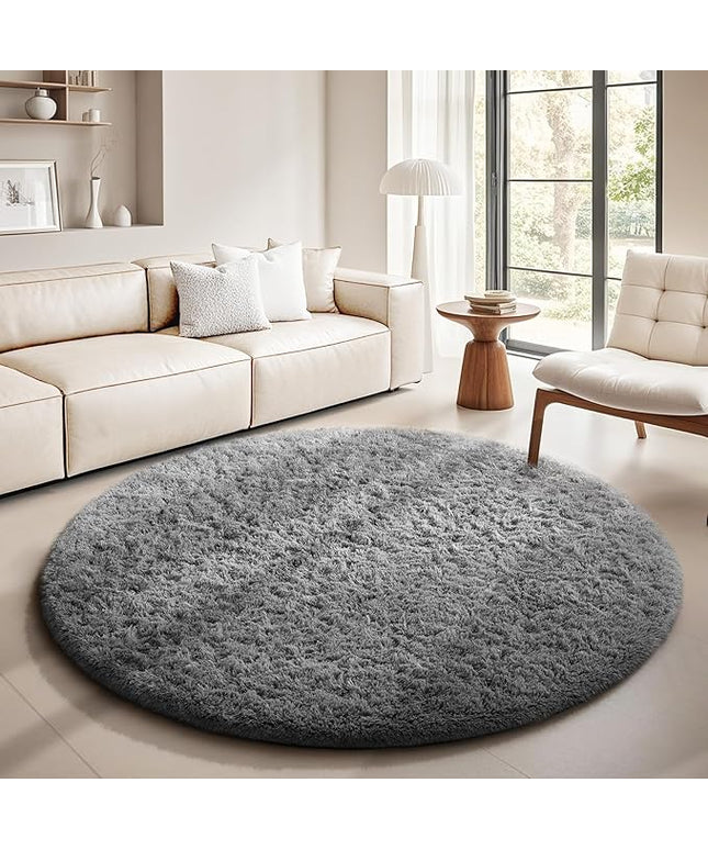 Ophanie Round Rug 5Ft Grey Circle Area Rugs, Fluffy Fuzzy Bedroom Carpet 5 Foot, Plush Shag Indoor Floor Gray Living Room Christmas Circular Aesthetic Decor for Kids Teen Boys Baby,Nursery, Classroom