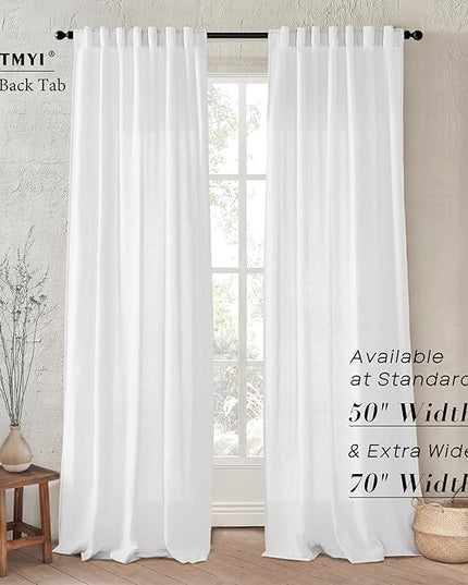 XTMYI White Linen Curtains 100 Inch Length 2 Panels Set Custom Length Back Tab Cotton Polyester Blend Window Sheer Curtain Drapes for Living Room Bedroom,50x100 in Long