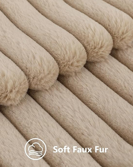 decorUhome Faux Fur Spring Throw Pillow Covers 12x20 Set of 2, Decorative Soft Plush Striped Neutral Couch Euro Pillow Covers with Velvet Back for Sofa, Bed, Living Room Home Decor, Khaki Brown