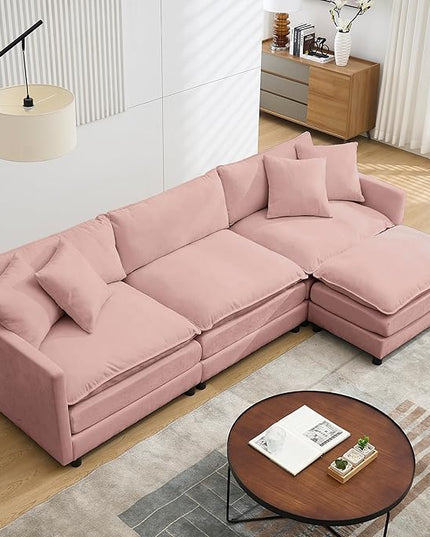 Modular Sectional Sofa,108.27'' Modern Sofa Sleeper Couch with 3 Seat & 1 Ottoman & 3 pillows Sofa Set,Comfy Cloud Couches with Movable Ottoman Deep Seat Sofa for Living Room Chenille (pink, L shaped)