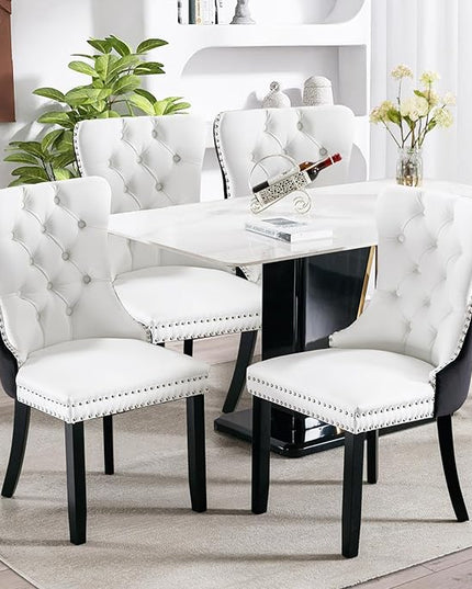 SoarFlash Leather Dining Chairs Set of 4, Tall Back Side Chair, Modern Upholstered Side Chair with Button Back Ring, Solid Wood Legs (Black&White)