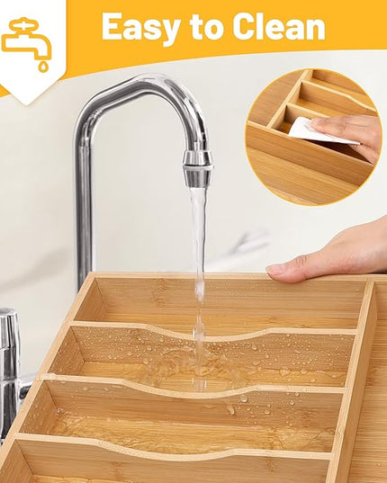 Kitchen Bamboo Silverware Organizer, Kitchen Drawer Organizer - Utensil Holder and Cutlery Tray with Grooved Drawer Dividers for Flatware 7 Slot, Natural