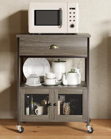 Catrimown Coffee Cart Station, Coffee Stand Station, Small Microwave Stand with Drawer, Movable Farmhouse Coffee Station Table on Wheels for Living Room, Entryway, Dining Room, Kitchen, Wash Grey