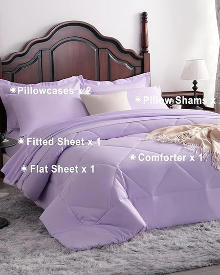 NTBAY Queen Comforter Set with Sheets, 7 Pieces Soft and Breathable Queen Bedding Set, Bed in a Bag, Down Alternative Comforter Set Solid Color All Season, Queen Bedding Set, Light Purple
