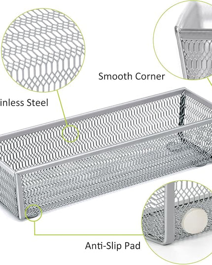 Neudeco Silverware Organizer,Mesh Drawer Organizer for Kitchen，Metal Utensil Organizer for Flatware, Knives, Spoons,Cosmetic (Silver 9 * 3 * 2 inch Pack6)