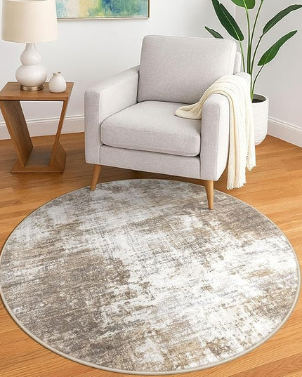IOHOUZE Round Area Rug 5 Ft Circle Entryway Rugs Round Washable Door Mat Indoor Entrance, Non Slip Circle Front Door Rug, Printed Abstract Faux Wool Floor Carpet for Foyer Porch Sink, Beige Brown