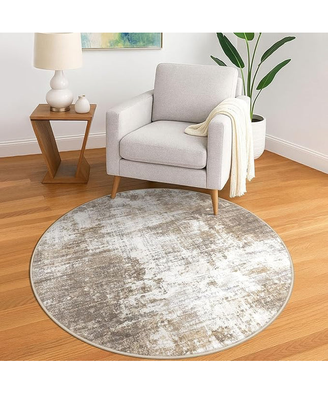 IOHOUZE Round Area Rug 5 Ft Circle Entryway Rugs Round Washable Door Mat Indoor Entrance, Non Slip Circle Front Door Rug, Printed Abstract Faux Wool Floor Carpet for Foyer Porch Sink, Beige Brown